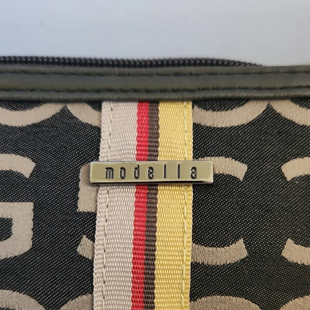 Modella Black Olive Green Logo Striped Cosmetic Bag Pouch
